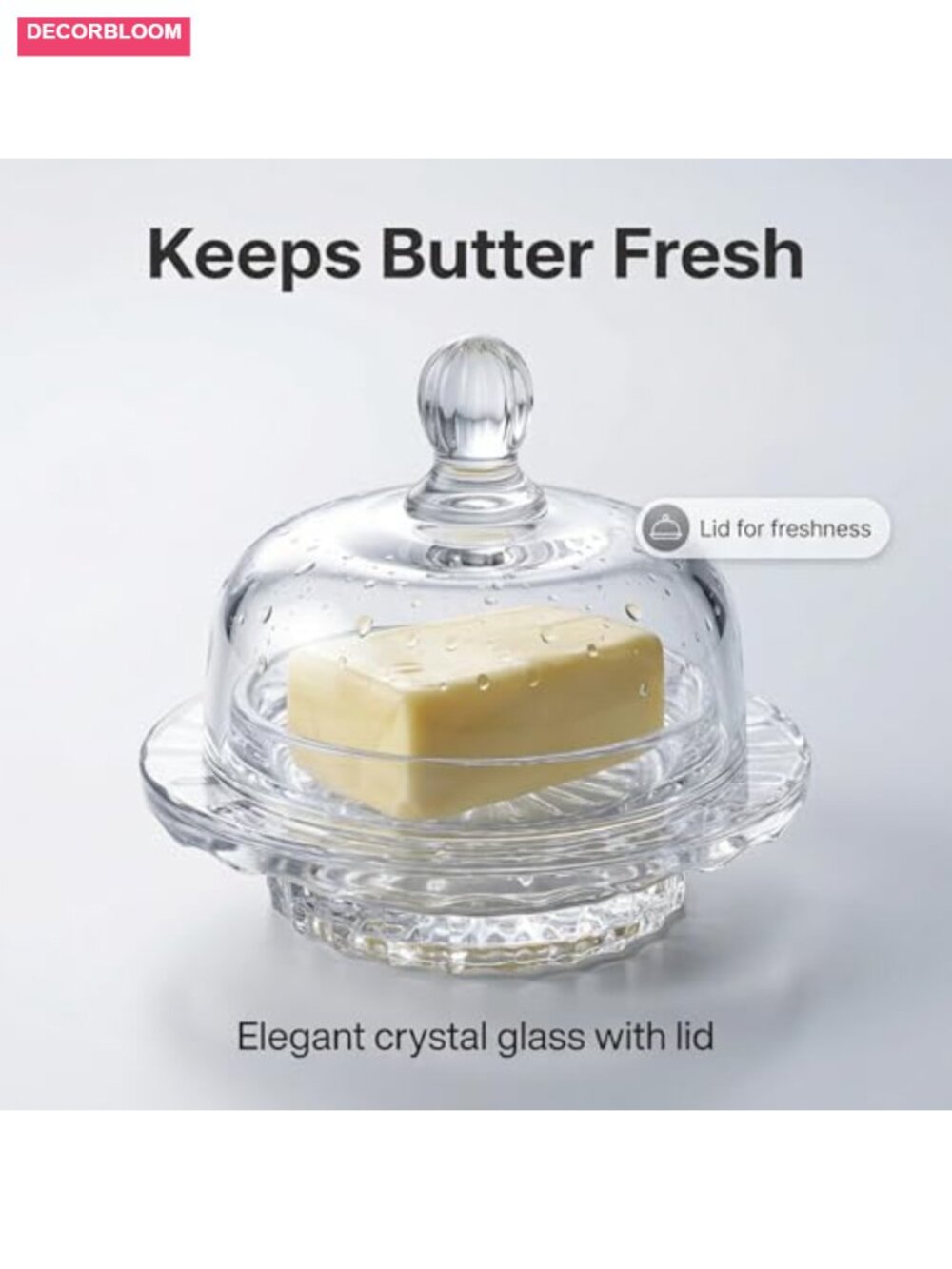Glass Butter Dish with Crystal Dome Lid, Heavyweight, Dishwasher Safe, - Picture 4 of 6